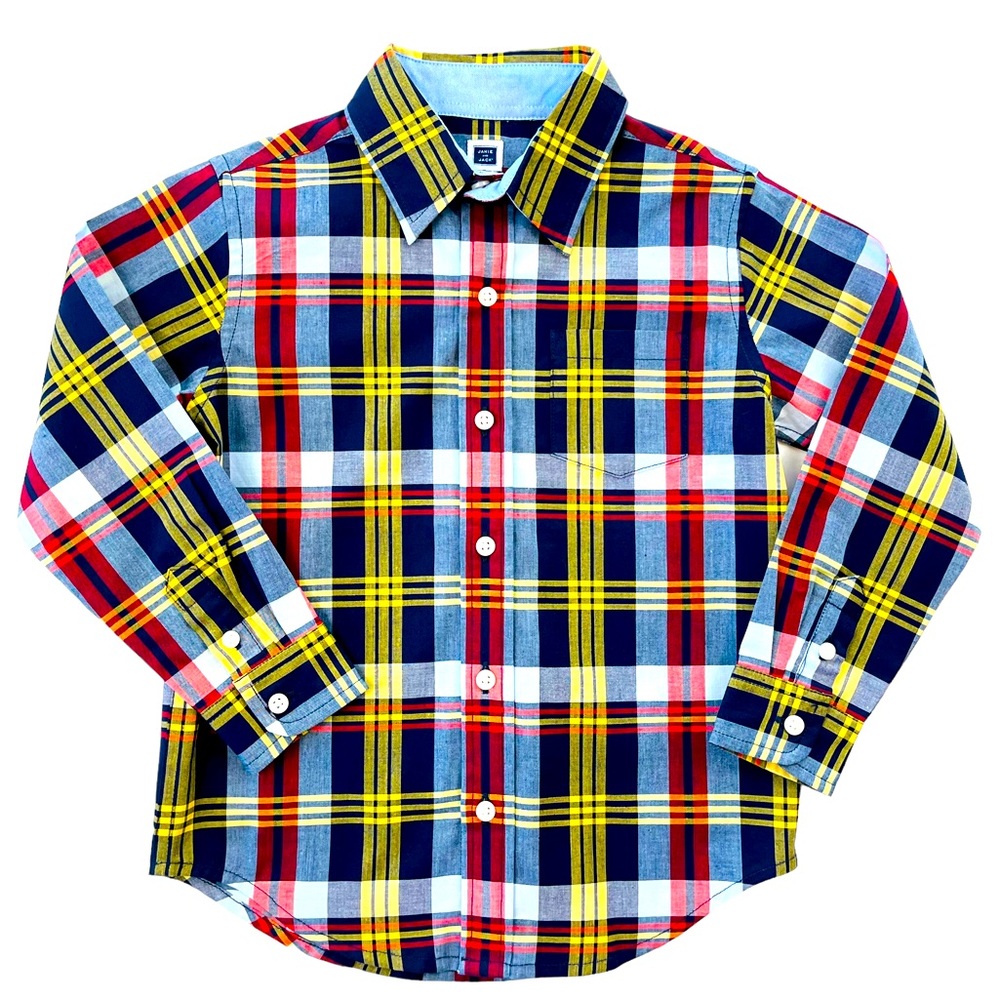 Madres: Navy blue/Yellow Plaid, button down shirt.